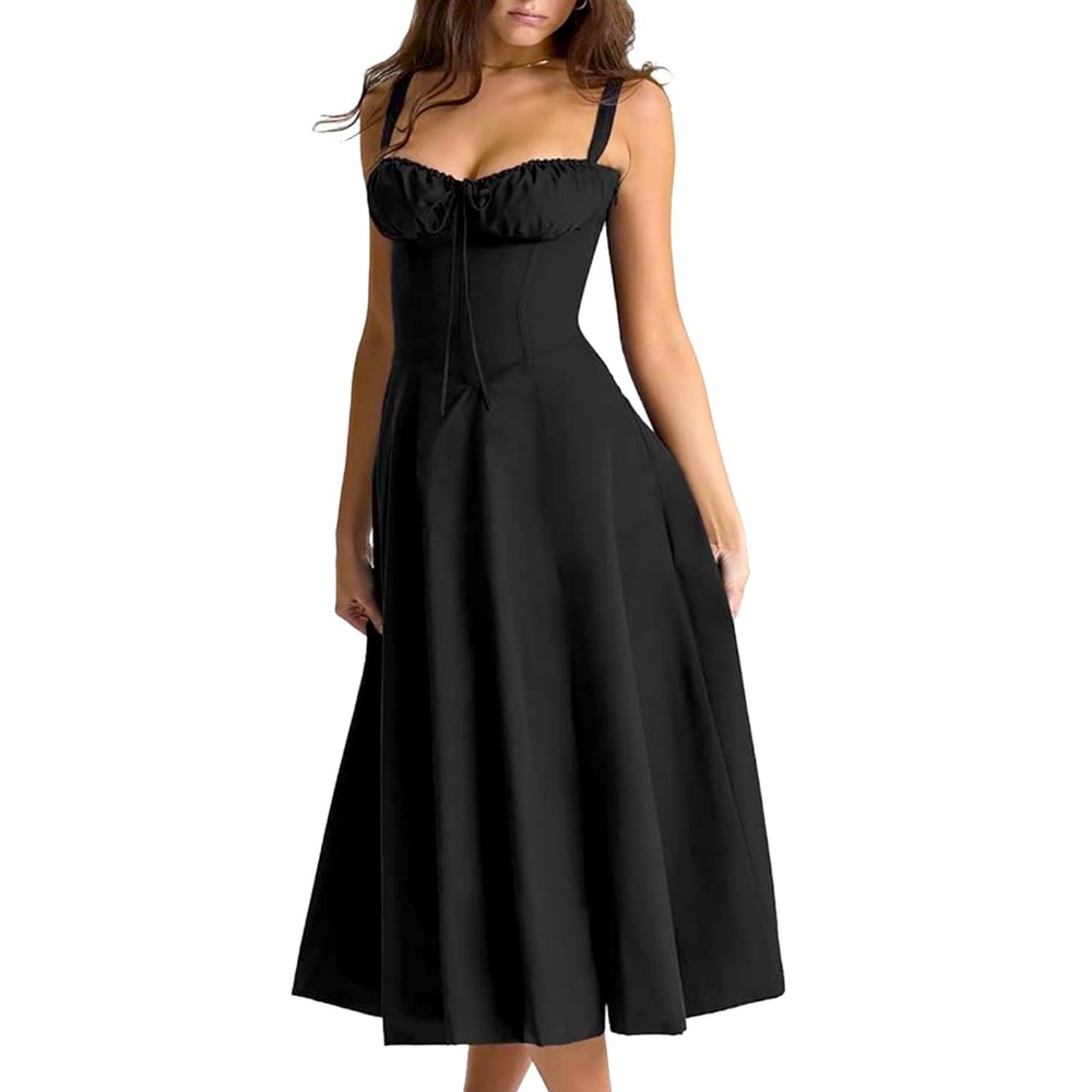 Black Whimsigoth Bustier Lace up Sleeveless Maxi Dress Med Corset babydoll Y2K